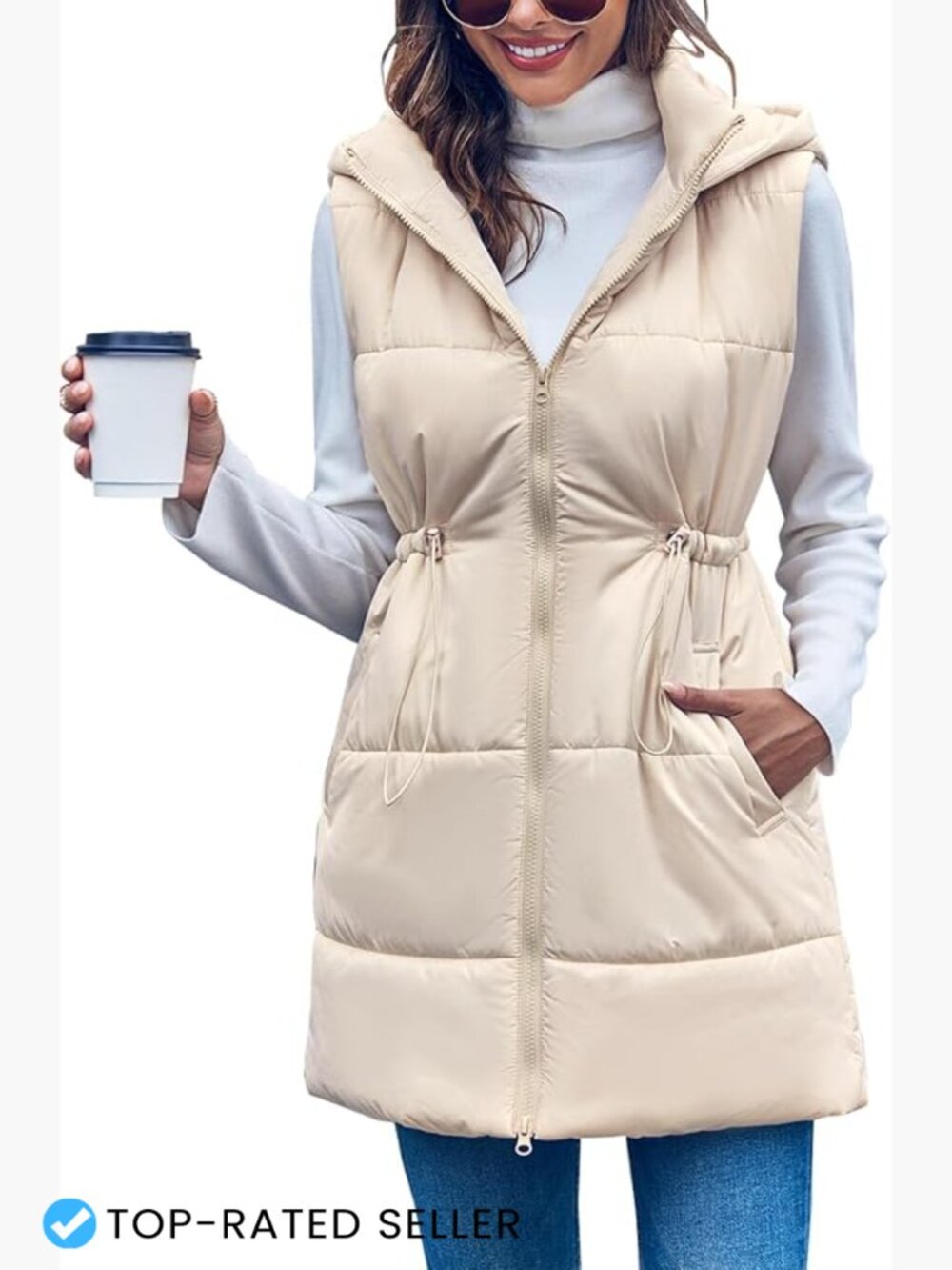 Quilted Puffer Vest Hooded Sleeveless Long Zip Up Winter Coat